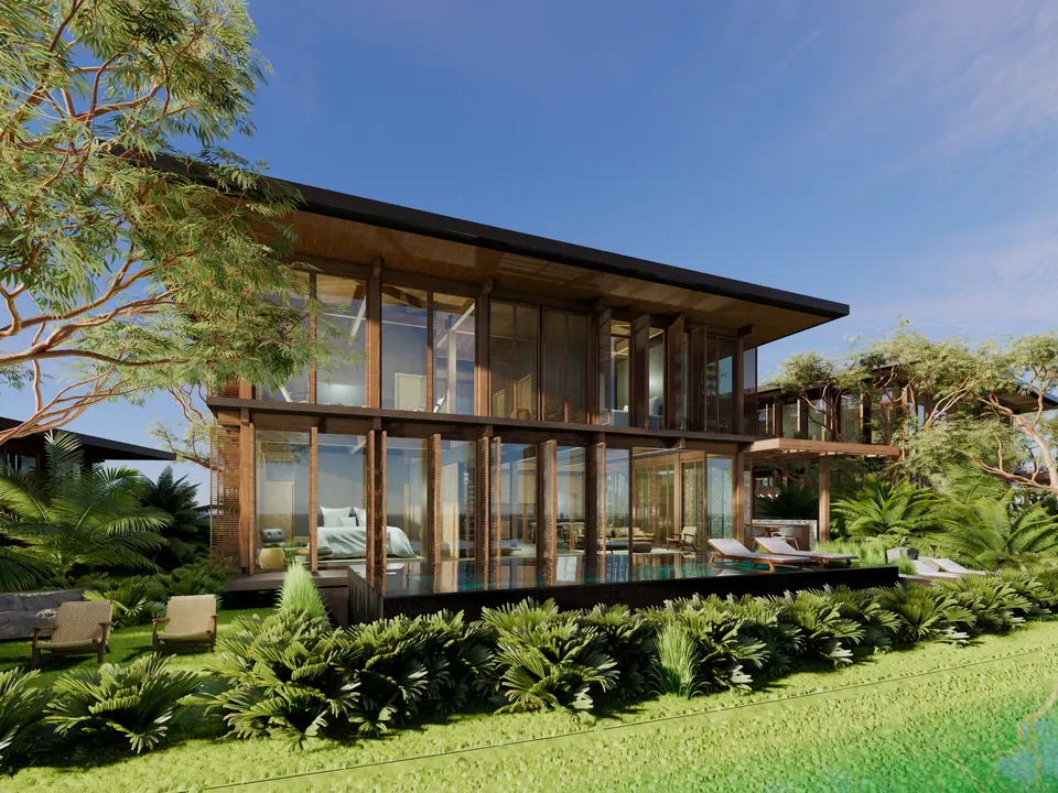 Visualización arquitectónica de Lino: casa de dos niveles con piscina, entre jardín tropical