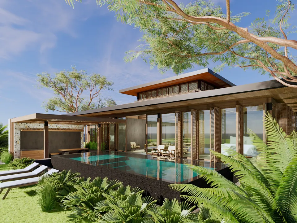 Visualización arquitectónica de Ylang Ylang: casa de una planta con piscina y camastros